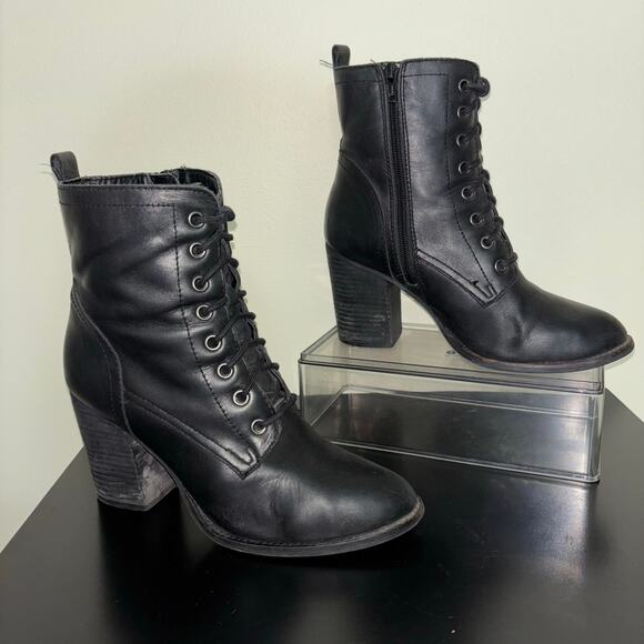 Steve Madden Shoes - Steve Madden Lace-Up Block Heel Boots Black Leather Side Zip Combat Size 10